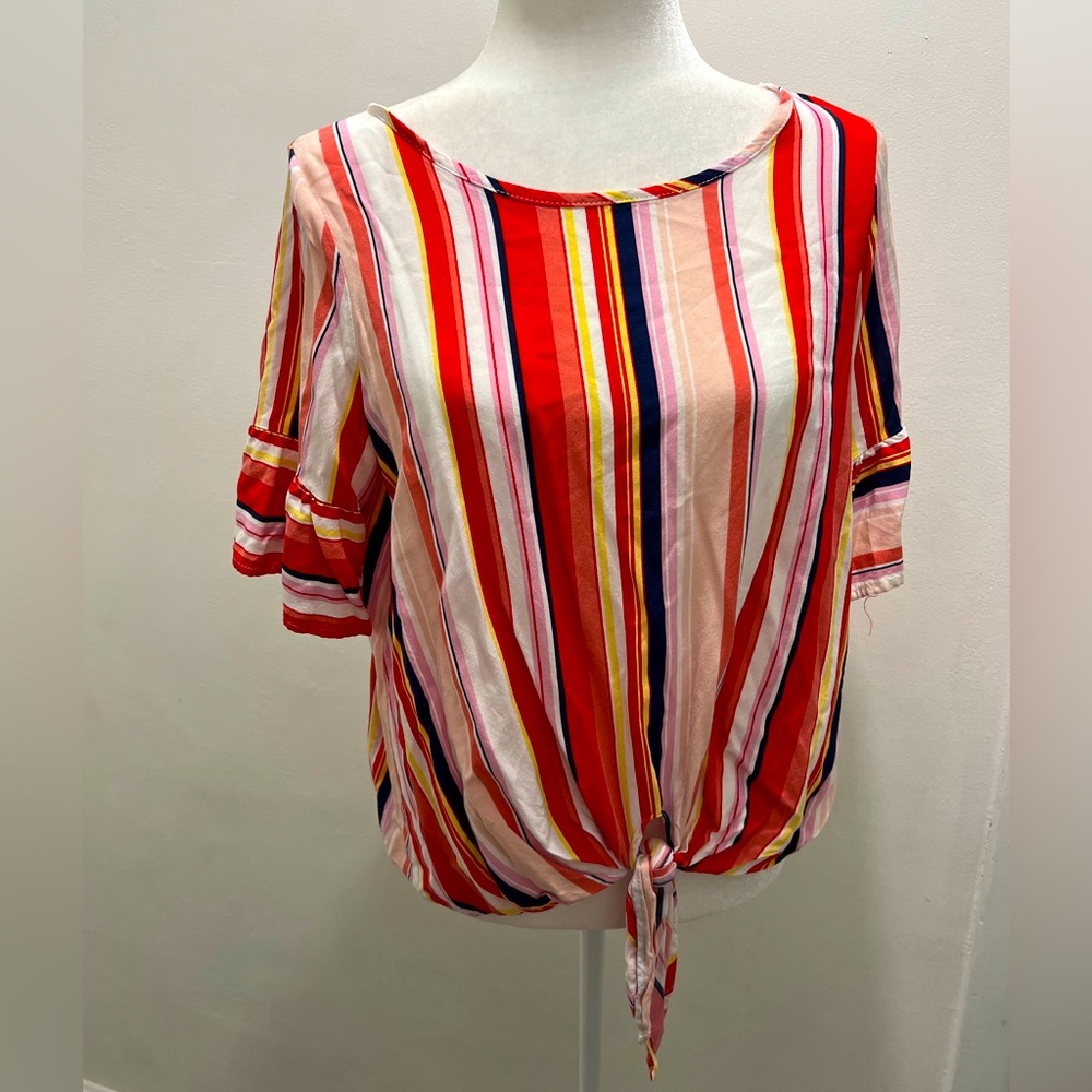 White Birch striped Front site Blouse with Ruffle Sleeves Size L EUC - Picture 1 of 4
